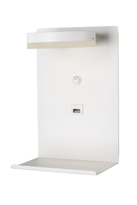 Biały kinkiet LED z półką i ładowarką USB do sypialni COMPACT metal