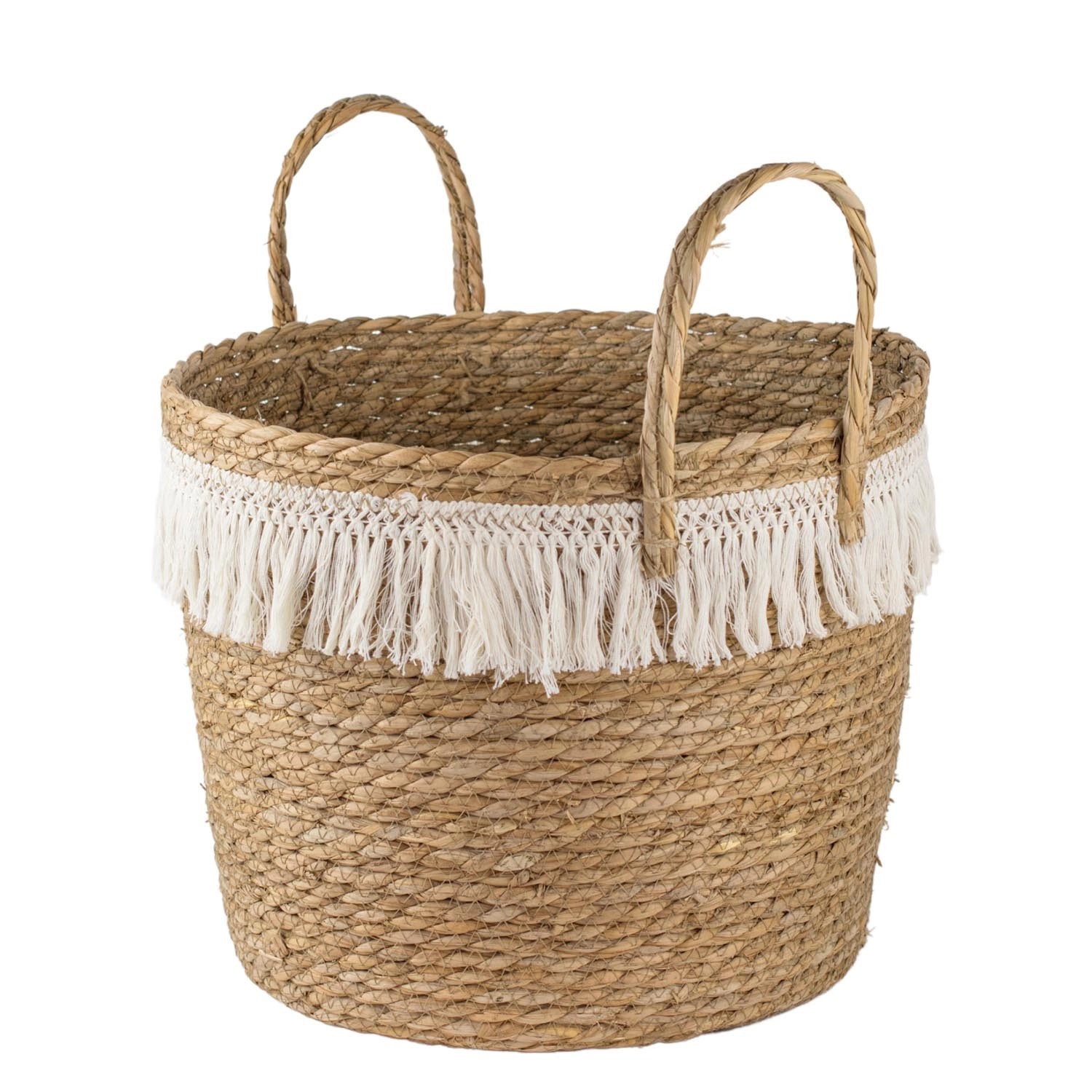 Kosz pleciony z białymi frędzlami - 36 x 36 x 32 cm