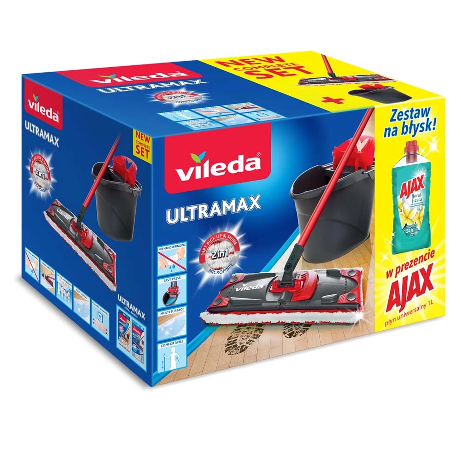 Vileda Zestaw ULTRAMAX mop płaski z wiadrem z wyciskaczem + Ajax 1l