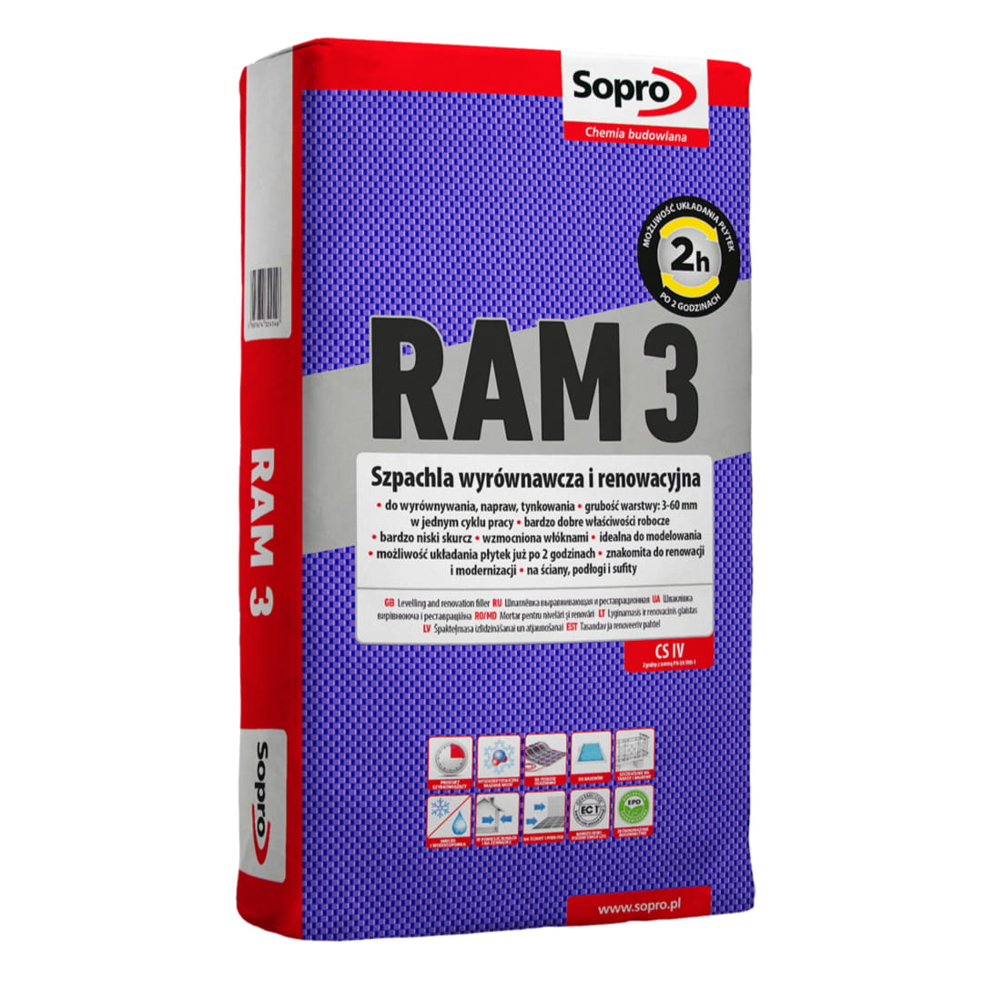 SOPRO RAM 3 SZPACHLA CEMENTOWA WYRÓWNAWCZA I RENOWACYJNA 25KG SZYBKOSCHNĄCA