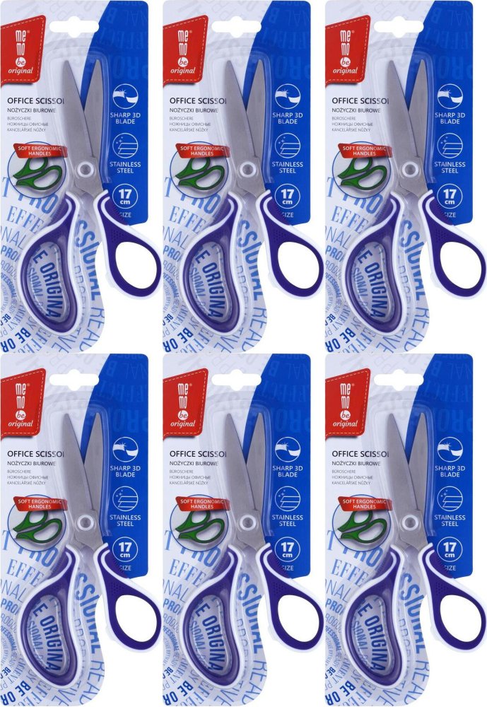 6x Nożyczki biurowe MemoBe, profilowane, ostrze 3D, 17cm, mix kolorów