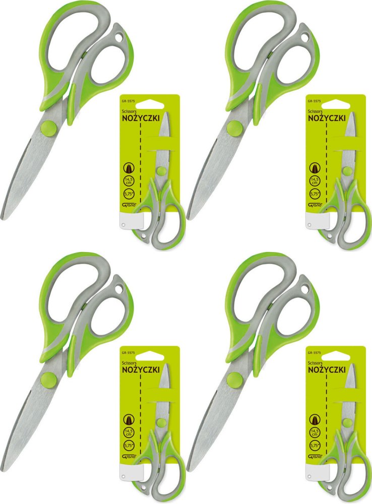 4x Nożyczki biurowe Grand Soft GR-5575, 14.5cm, szaro- zielony