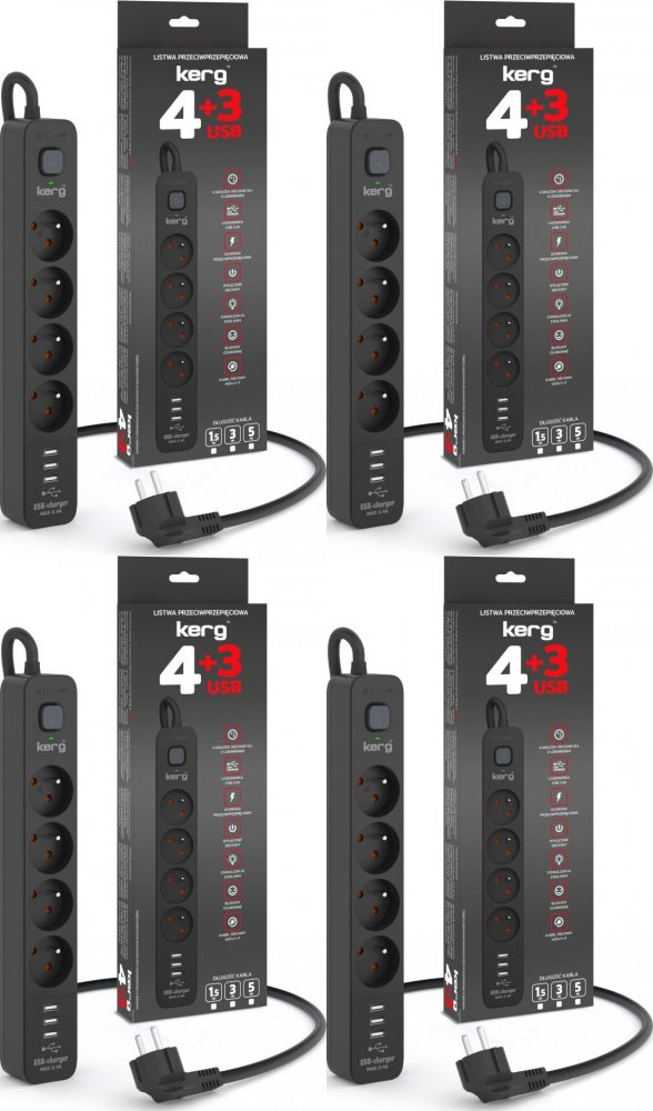 4x Listwa przeciwprzepięciowa Kerg, 3m, 4 gniazda + ładowarka 3xUSB-A, czarny