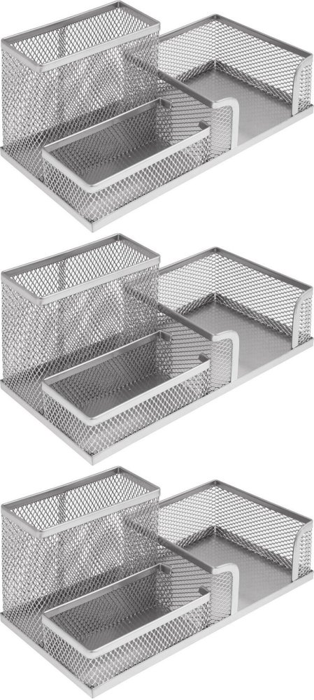 3x Przybornik na biurko MemoBe, bez wyposażenia, metalowy (druciany), 3 przegrody, 9.5x10.5x10cm, srebrny