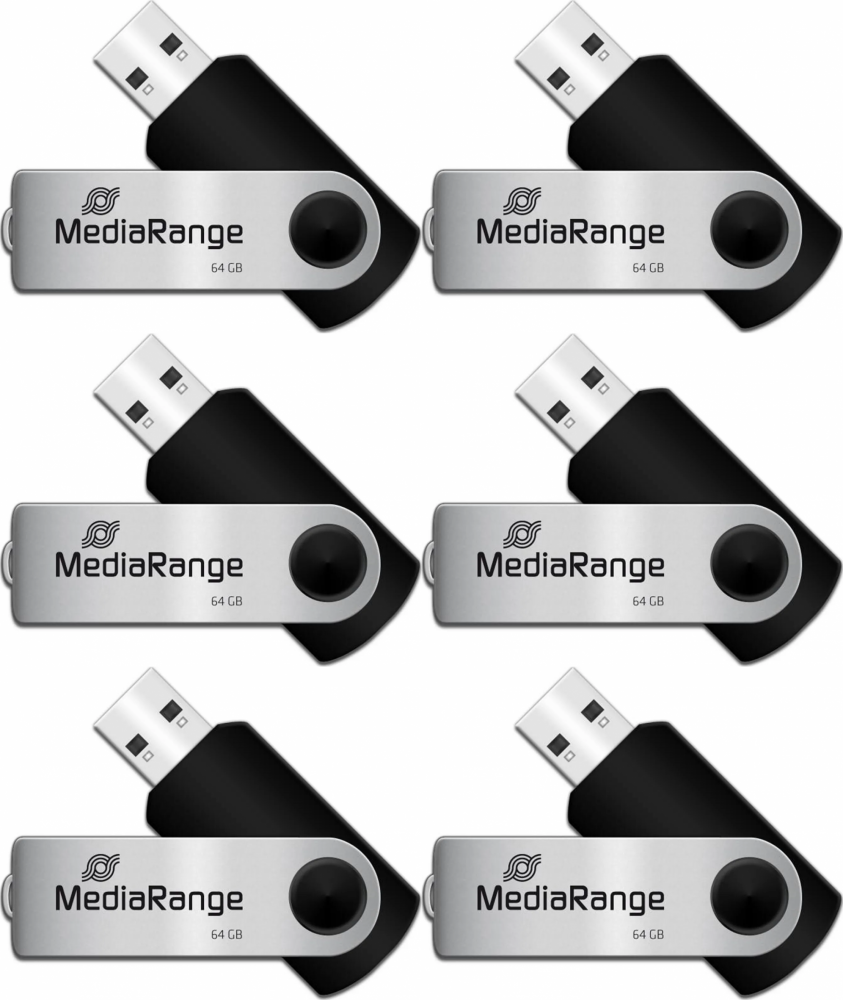 6x Pendrive MediaRange, 64GB, obracany, USB 2.0, srebrno-czarny