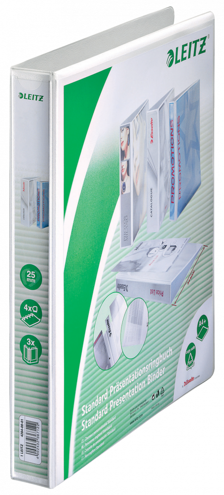 Segregator prezentacyjny Leitz, A4, szerokość grzbietu 43mm, do 250 kartek, 4 ringi, biały