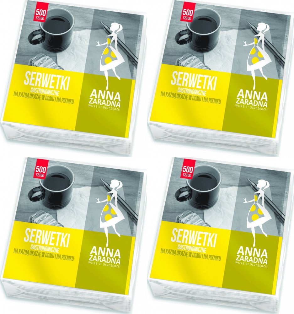 4x Serwetki gastronomiczne Anna Zaradna, 15x15cm, 1-warstwowe, 500 sztuk, biały