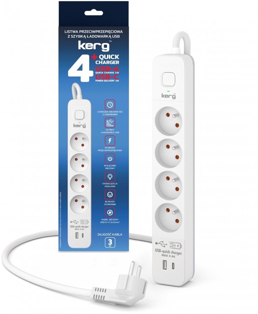 Listwa przeciwprzepięciowa Kerg, 3m, 4 gniazda + szybka ładowarka 1xUSB-A/1x USB-C, biało-szary