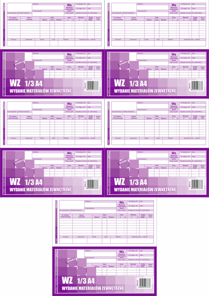 5x Druk akcydensowy WZ Wydanie materiałów na zewnątrz Emeko 873, 1/3 A4, wielokopia, 80k