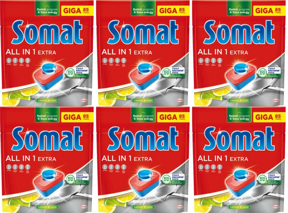6x Tabletki do zmywarki Somat All in One Extra, lemon&lime, 85 sztuk