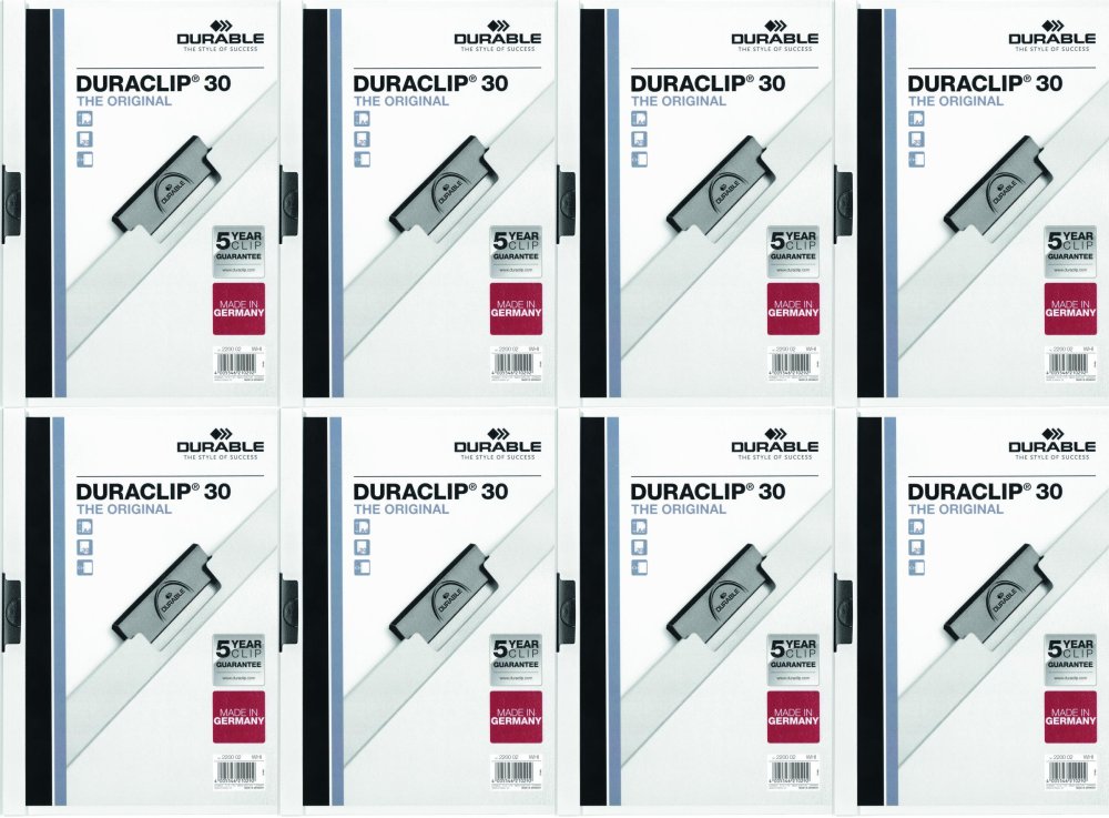 8x Skoroszyt plastikowy z klipsem Durable Duraclip, A4, do 30 kartek biały
