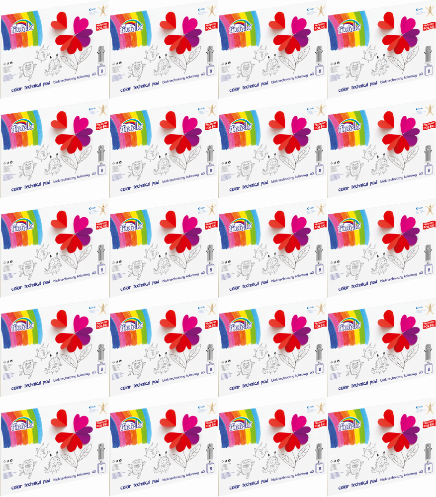20x Blok techniczny kolorowy Fiorello, A3, 8 kartek, kolorowy