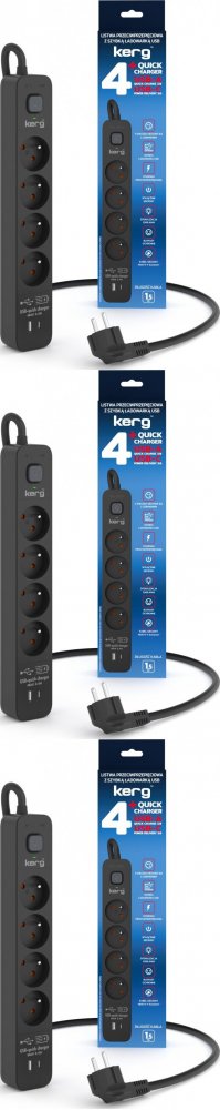3x Listwa przeciwprzepięciowa Kerg, 1.5m, 4 gniazda + szybka ładowarka 1xUSB-A/1x USB-C, czarny