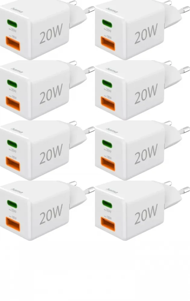 8x Ładowarka do telefonu Hama Mini, Power Delivery Quick Charge, USB-C/USB-A, 20W, biały