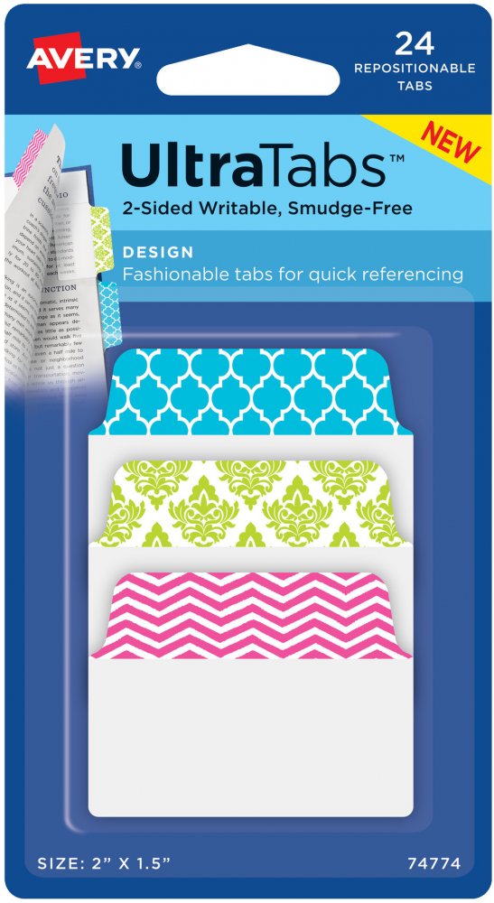 Zakładki samoprzylepne Avery Zweckform Ultra Tabs 74774, indeksujące ze wzorkami, folia, 50.8x38.1mm, 24 sztuki, mix kolorów