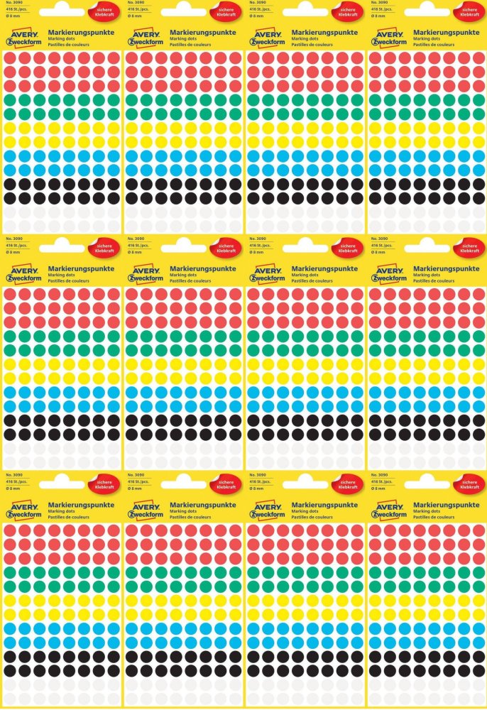 12x Etykiety Avery Zweckform, okrągłe, średnica 8mm, 416 sztuk, mix kolorów