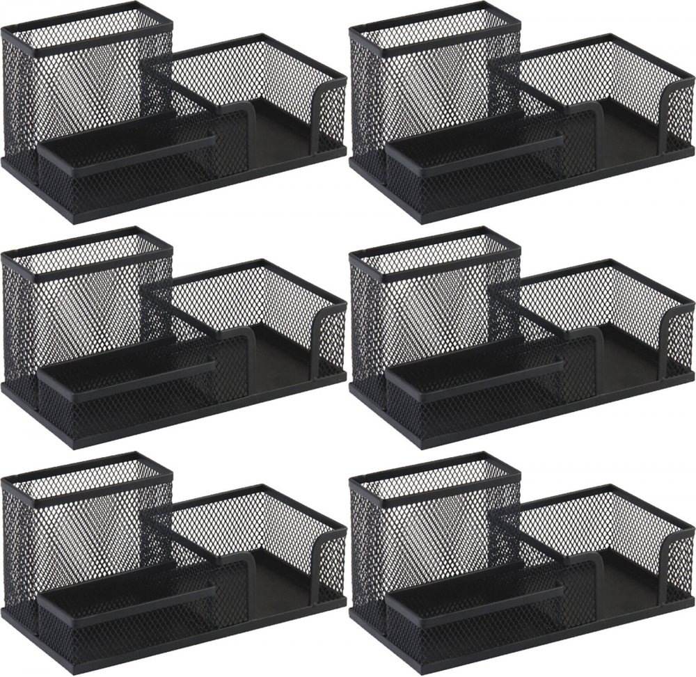 6x Przybornik na biurko Leviatan, metalowy (druciany), 3 przegrody, 205x103x98 mm, czarny