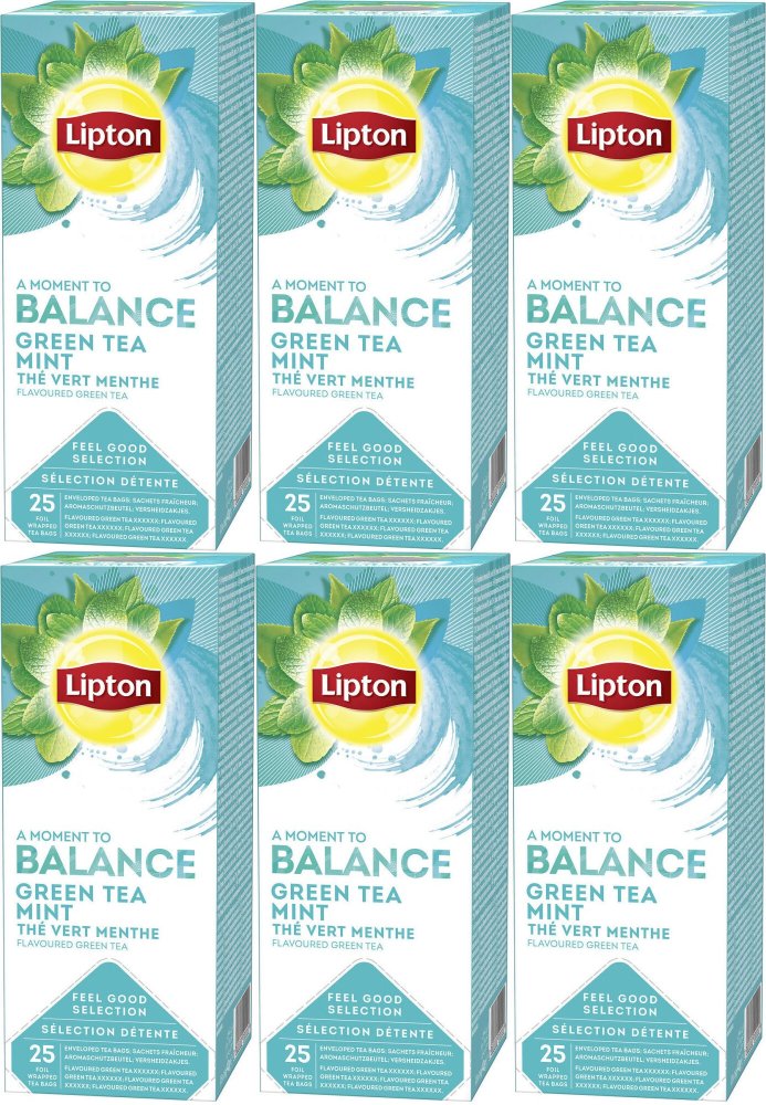 6x Herbata zielona smakowa w kopertach Lipton Classic Green Tea Mint, mięta, 25 sztuk x 1.6g