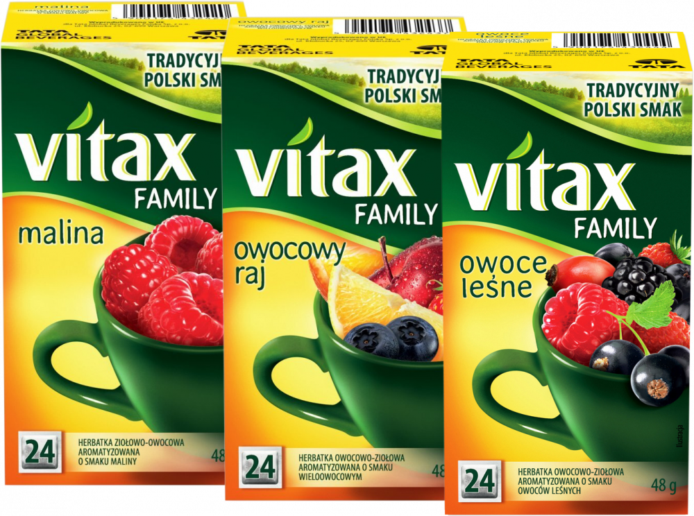 Zestaw herbat owocowych Vitax Family: malina, 24 sztuki x 2g + owocowy raj, 24 sztuki x 2g + owoce leśne, 24 sztuk x 2g