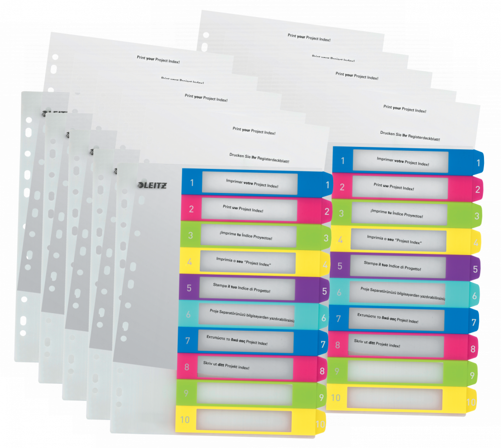 10x Przekładki do segregatora Leitz Wow, plastikowe, numeryczne, do zadruku, A4+, 1-10 kart, mix kolorów