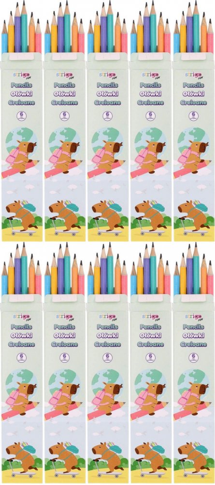 10x Ołówek Strigo Capybara, HB, z gumką, 6 sztuk, mix kolorów pastelowych