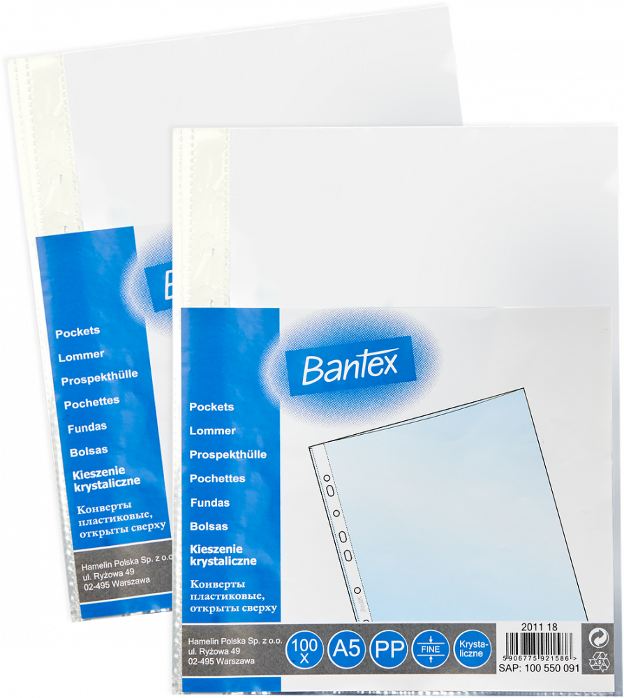 2x Koszulki krystaliczne Bantex, A5, 45μm, 100 sztuk, transparentny