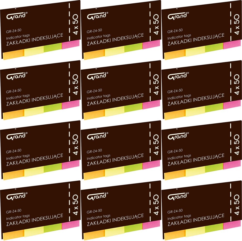 12x Zakładki samoprzylepne Grand GR-Z4-50, flagi, indeksujące, papier, 50x20mm, 4x50 sztuk, mix kolorów