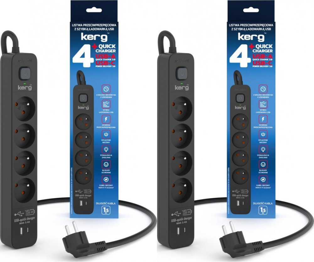 2x Listwa przeciwprzepięciowa Kerg, 1.5m, 4 gniazda + szybka ładowarka 1xUSB-A/1x USB-C, czarny