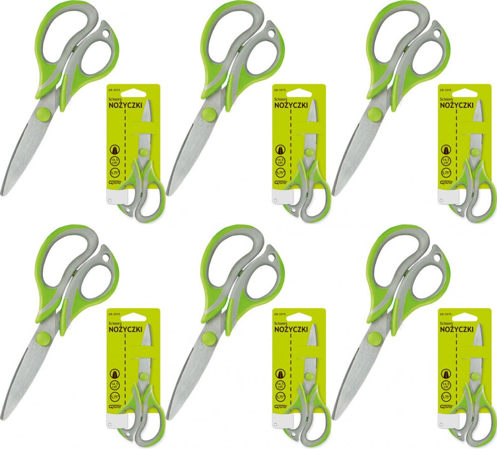 6x Nożyczki biurowe Grand Soft GR-5575, 14.5cm, szaro- zielony