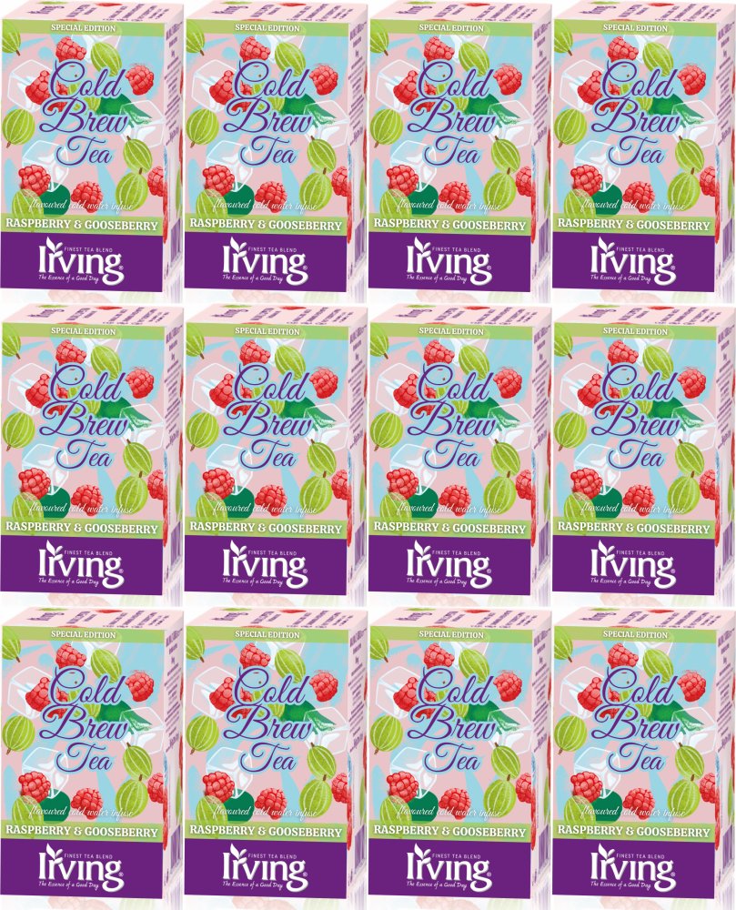 12x Herbata owocowo-ziołowa w kopertach Irving Cold Brew Tea, na zimno, malina i agrest, 20 sztuk x 1.8g