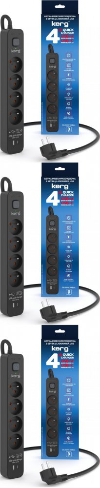 3x Listwa przeciwprzepięciowa Kerg, 3m, 4 gniazda + szybka ładowarka 1xUSB-A/1x USB-C, czarny