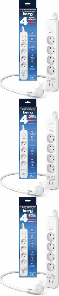 3x Listwa przeciwprzepięciowa Kerg, 1.5m, 4 gniazda + szybka ładowarka 1xUSB-A/1x USB-C, biało-szary