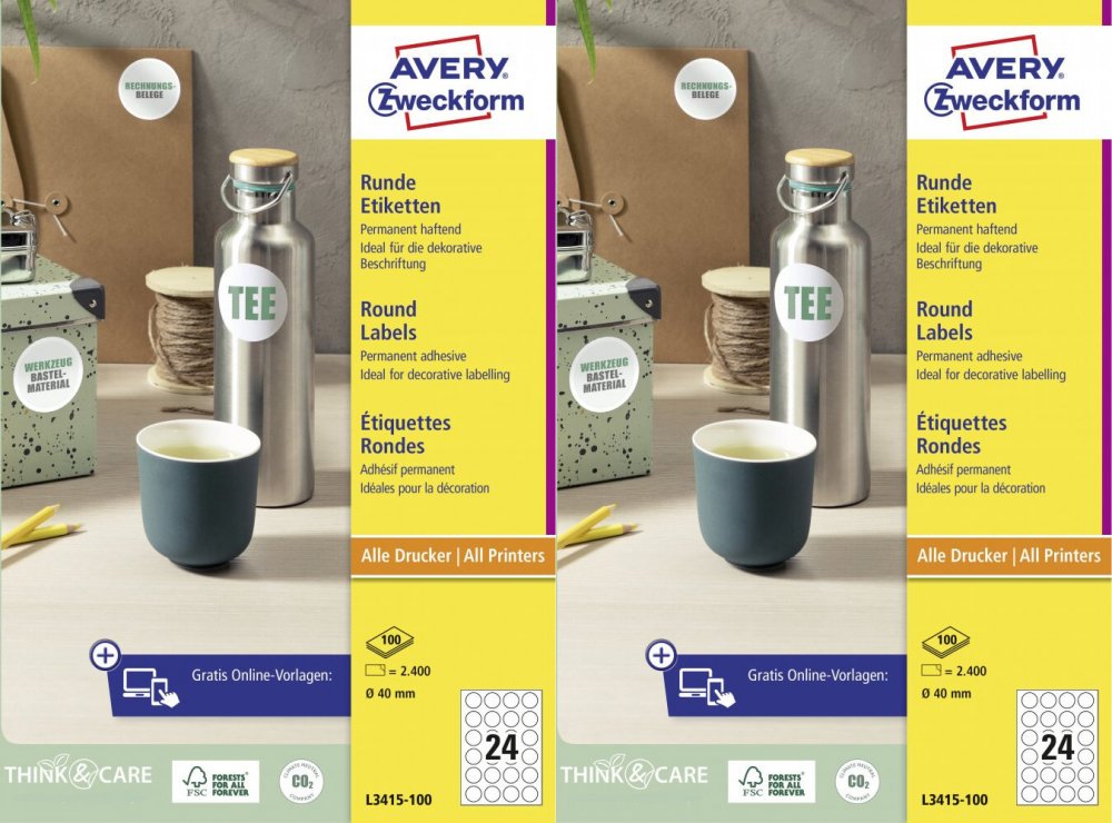 2x Etykiety Avery Zweckform, okrągłe, średnica 40mm, 2400 sztuk, bialy