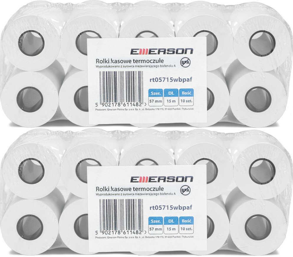 2x Rolka termiczna Emerson, 57mm x 15m, 50+/- 6g/m2, BPA Free, 10 sztuk, biały