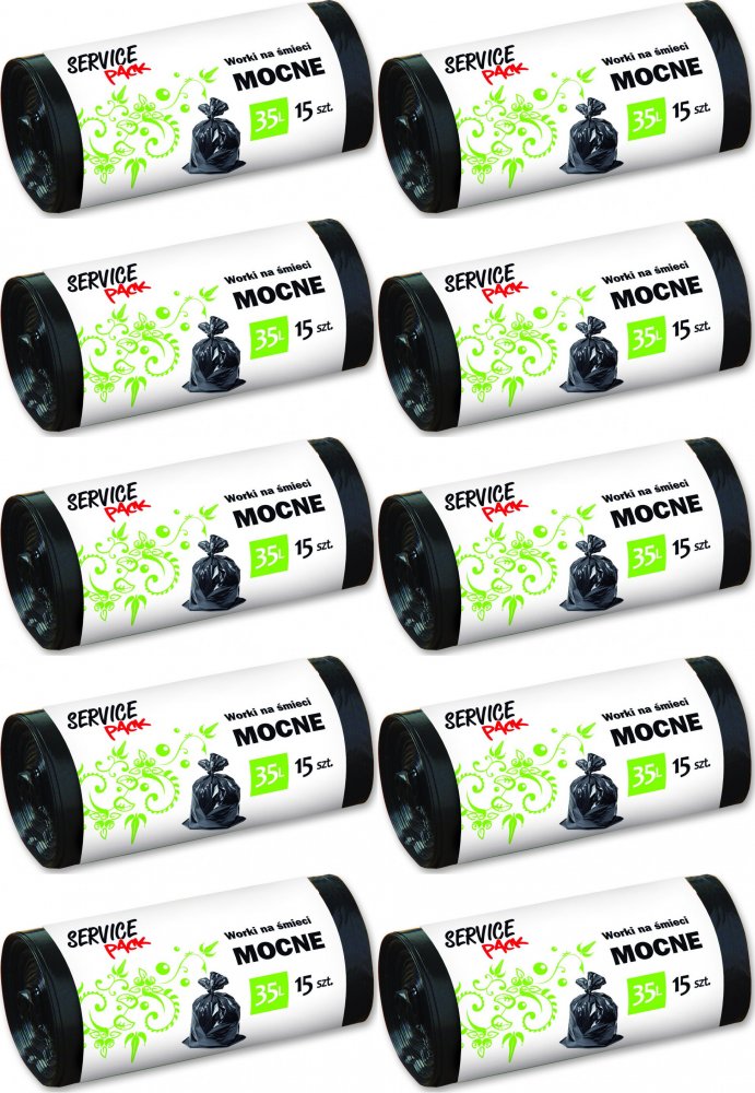 10x Worki na śmieci Service Pack, mocne, na odpady zmieszane, 35l, 15 sztuk, czarny