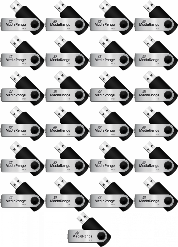 25x Pendrive MediaRange, 64GB, obracany, USB 2.0, srebrno-czarny