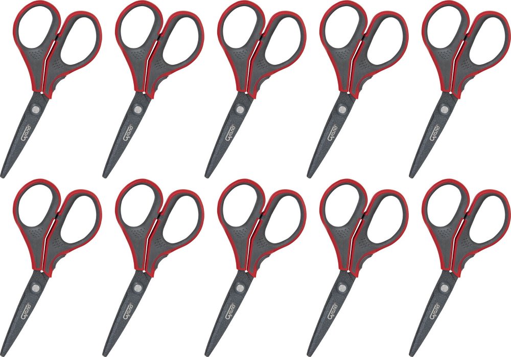 10x Nożyczki biurowe Grand GR-8525, teflonowe, 13cm, szaro-czerwony