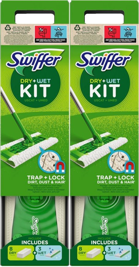 2x Zestaw startowy Swiffer Sweeper, mop + 8 sztuk suche ściereczki + 3 sztuki mokre ściereczki