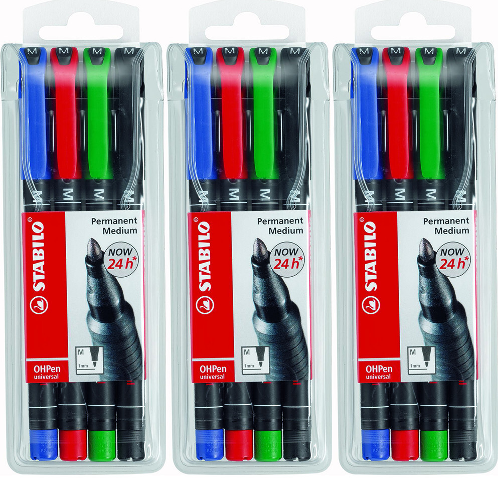 3x Foliopis Stabilo, OHPen, okrągła,1 mm (M), 4 sztuki, mix kolorów
