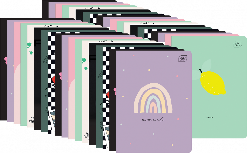 60x Zeszyt w kratkę Interdruk, A5, miękka oprawa, 32 kartki, mix wzorów