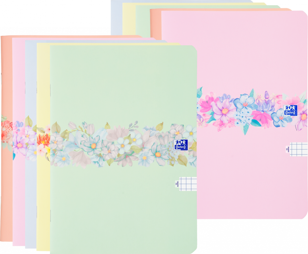 10x Zeszyt w kratkę Oxford Flowers, A5, miękka oprawa, 32 kartki, mix wzorów