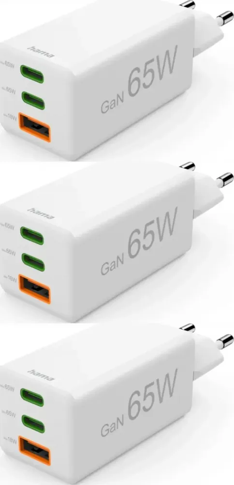 3x Ładowarka do telefonu Hama Mini, Power Delivery Quick Charge, GaN, 2xUSB-C/USB-A, 65W, biały