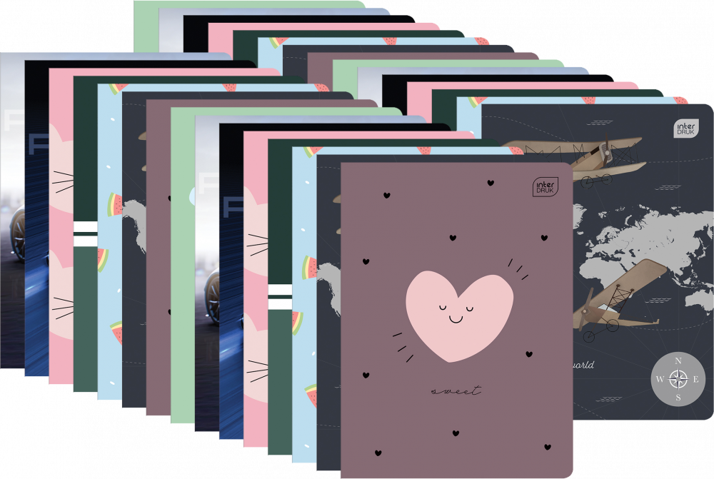 30x Zeszyt w wąskie linie Interdruk, A5, miękka oprawa, 32 kartki, mix wzorów