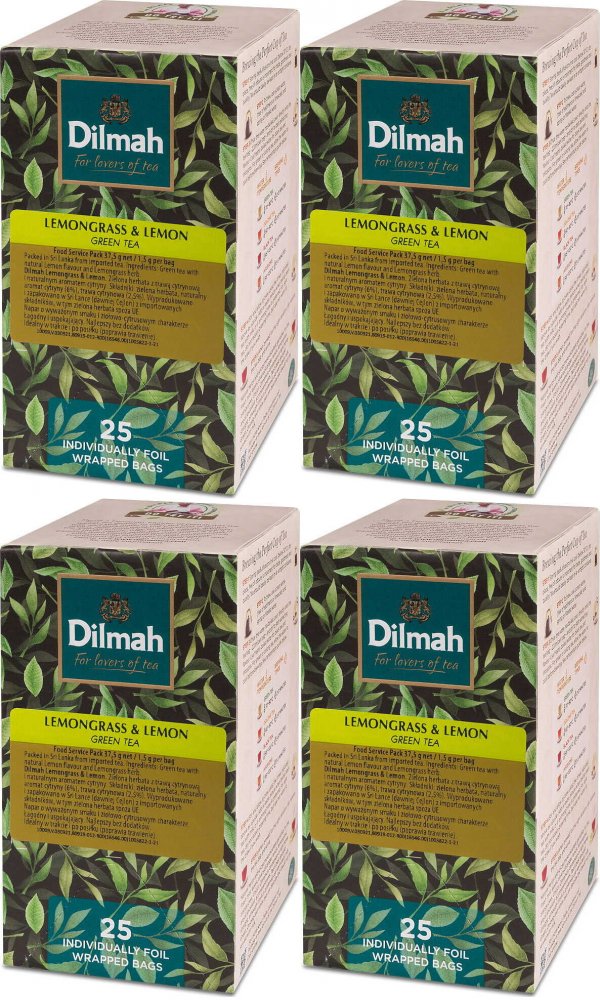 4x Herbata zielona smakowa w kopertach Dilmah Lemongrass & lemon, trawa cytrynowa i cytryna, 25 sztuk x 1.5g