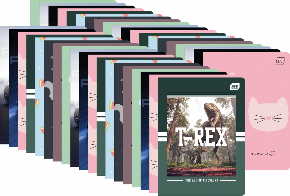 60x Zeszyt w wąskie linie Interdruk, A5, miękka oprawa, 32 kartki, mix wzorów