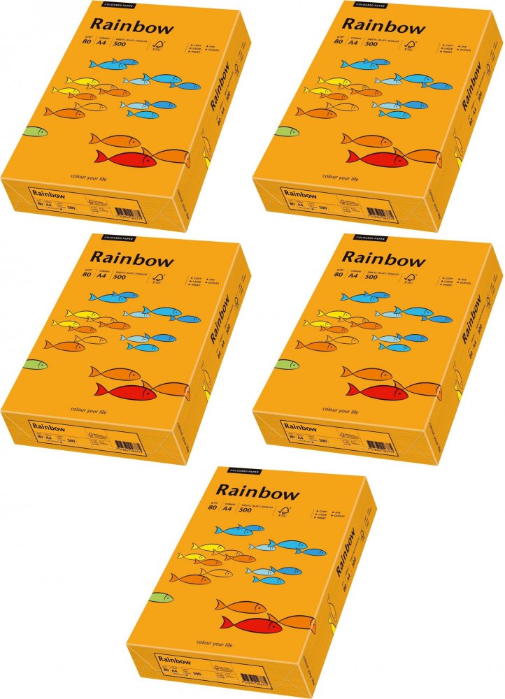 5x Papier kolorowy Rainbow, A4, 80g/m2, 500 arkuszy, pomarańczowy (R24)