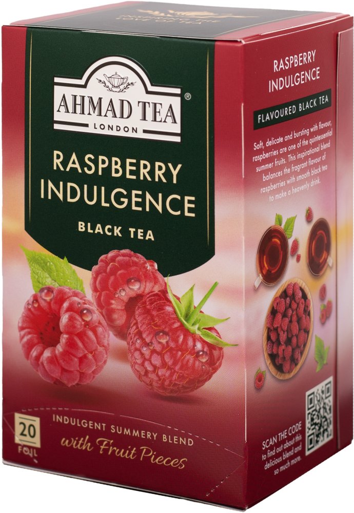 Herbata czarna aromatyzowana w kopertach Ahmad Tea Raspberry Indulgence, malina, 20 sztuk x 2g