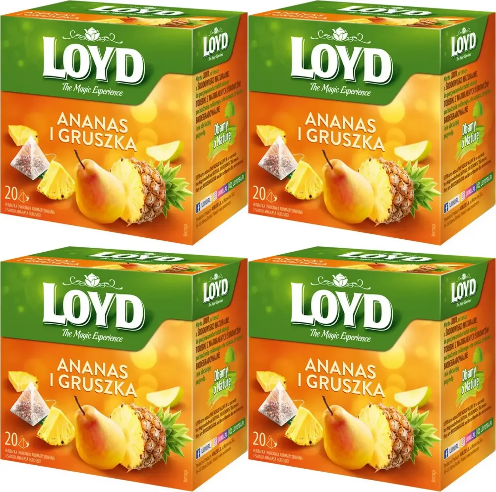 4x Herbata owocowa w piramidkach Loyd, ananas i gruszka, 20 sztuk x 2g