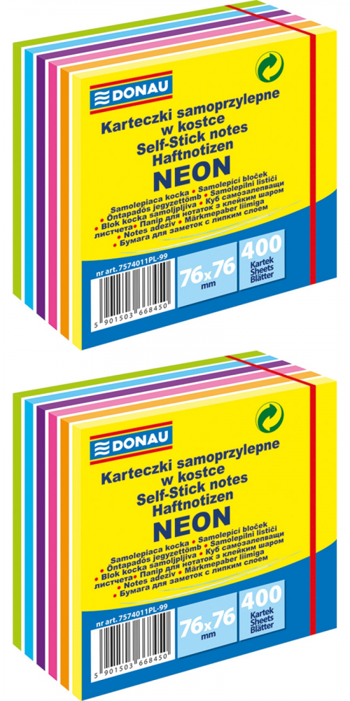 2x Karteczki samoprzylepne Donau, 76x76mm, 400 karteczek, mix kolorów neonowych