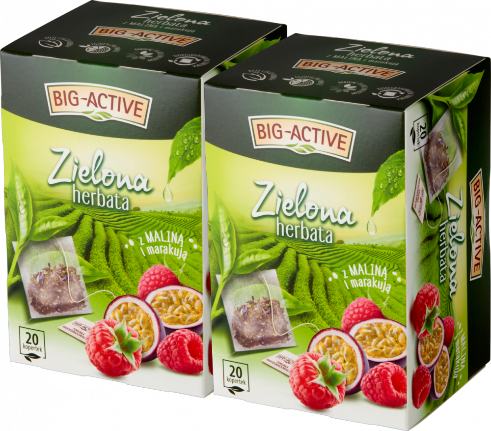 2x Herbata zielona smakowa w kopertach Big-Active, malina + marakuja, 20 sztuk x 1.7g
